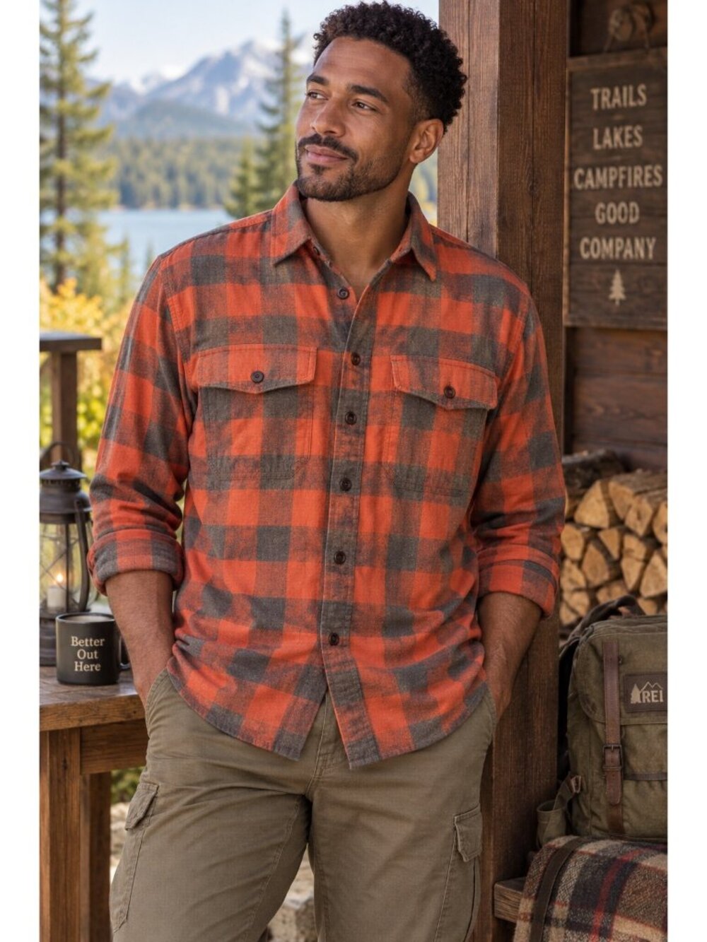 REI Co-op Men’s Large Red Gray Buffalo Plaid Flannel Shirt Organic Cotton